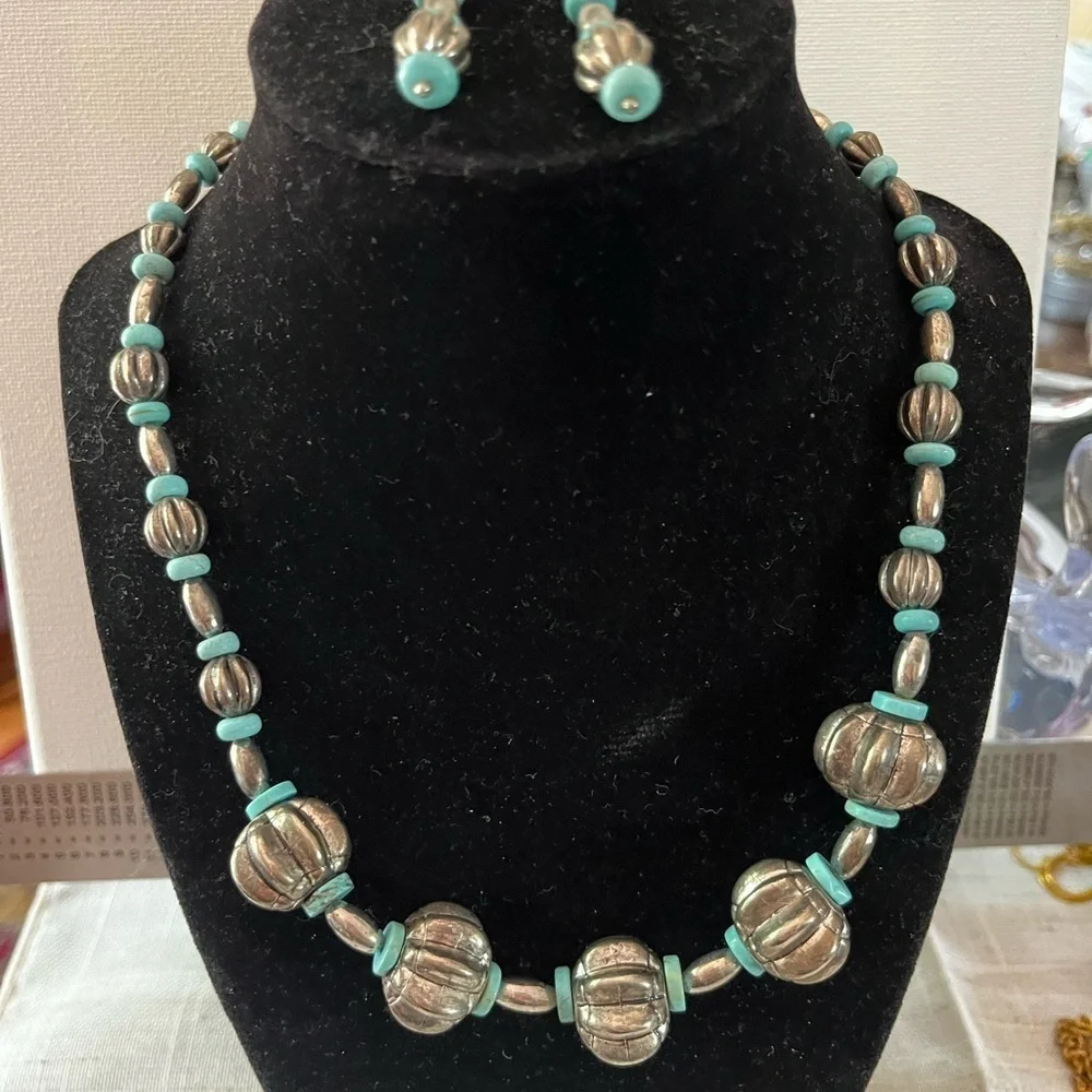 Silver and Turquoise Beaded Necklace and Earring Set vintage